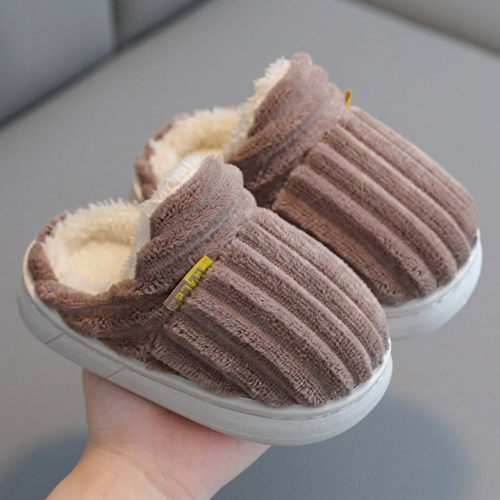 Brown Kids Cozy Fuzzy Slippers – Warm Non-Slip Winter House Shoes