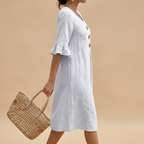 Linen Ruffle Sleeve Dress White Side View