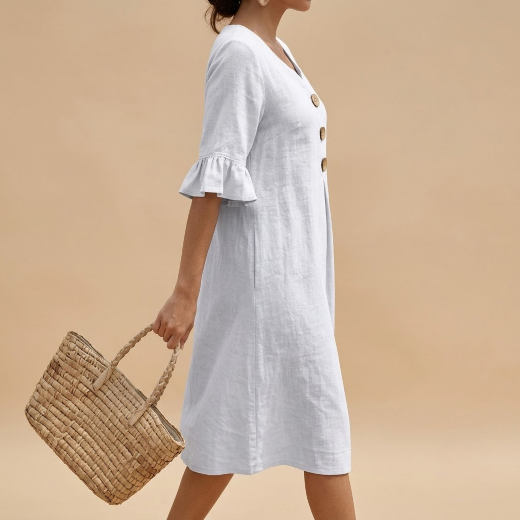 Linen Ruffle Sleeve Dress White Side View