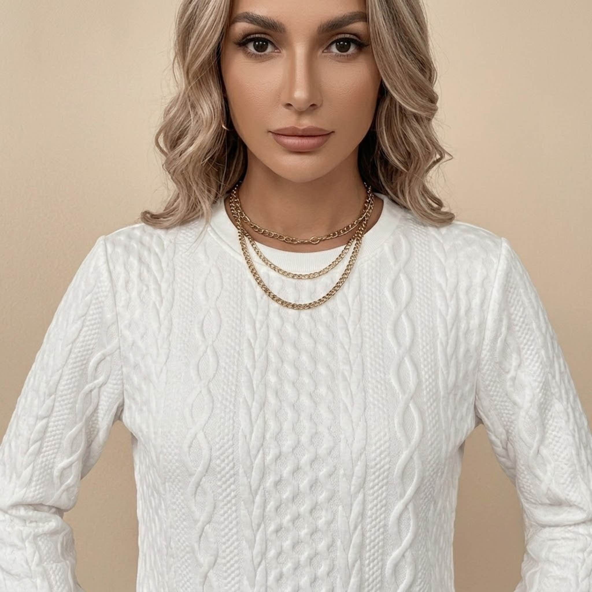 Long Sleeve Knit Sweater White Front Closeup View