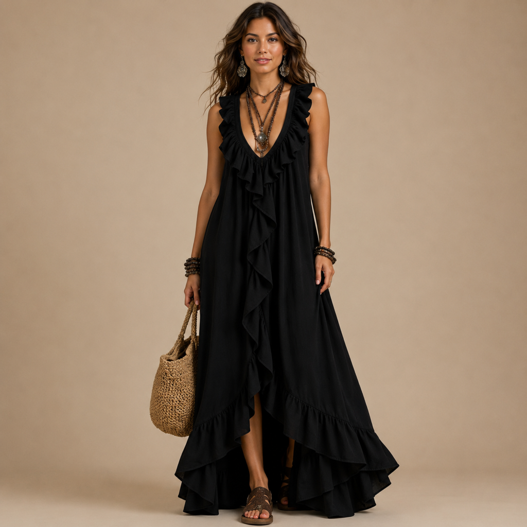 Marisela ruched sleeveless maxi dress in black, front view, designed by Bella Hudson