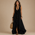 Marisela ruched sleeveless maxi dress in black, front view, designed by Bella Hudson