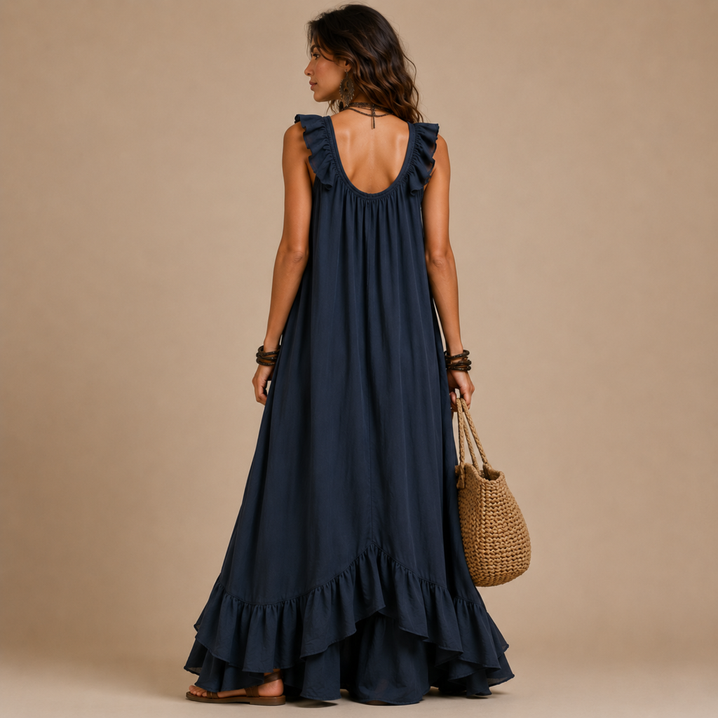 Marisela ruched sleeveless maxi dress in blue, back view, designed by Bella Hudson