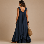 Marisela ruched sleeveless maxi dress in blue, back view, designed by Bella Hudson