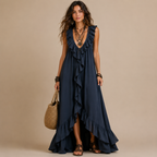 Marisela ruched sleeveless maxi dress in blue, front view, designed by Bella Hudson