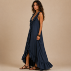 Marisela ruched sleeveless maxi dress in blue, side view, designed by Bella Hudson