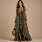 Marisela ruched sleeveless maxi dress in green, front view, designed by Bella Hudson