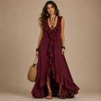 Marisela ruched sleeveless maxi dress in red, front view, designed by Bella Hudson