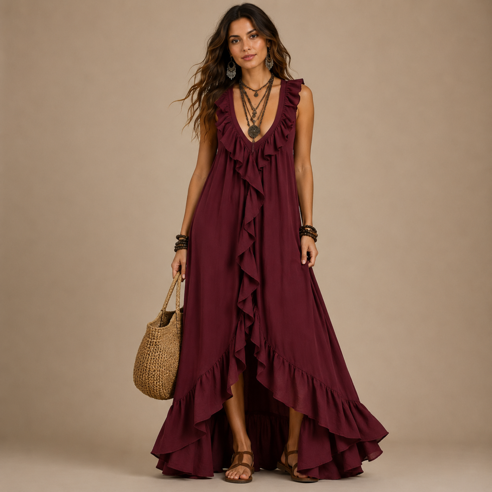 Marisela ruched sleeveless maxi dress in red, front view, designed by Bella Hudson