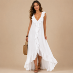 Marisela ruched sleeveless maxi dress in white, front view, designed by Bella Hudson