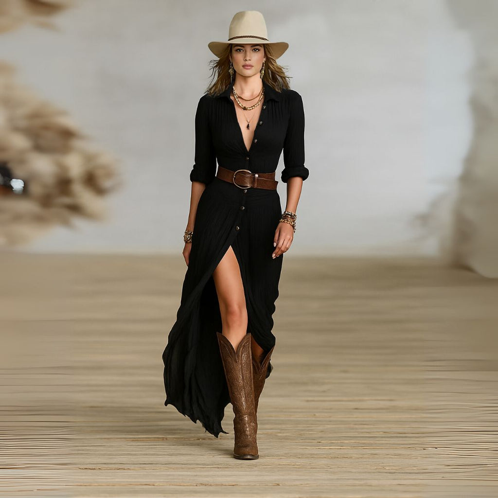 Coleen Maxi Dress Boho Button-Down Ruched