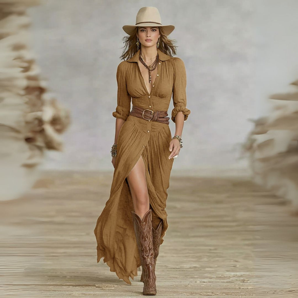 Coleen Maxi Dress Boho Button-Down Ruched