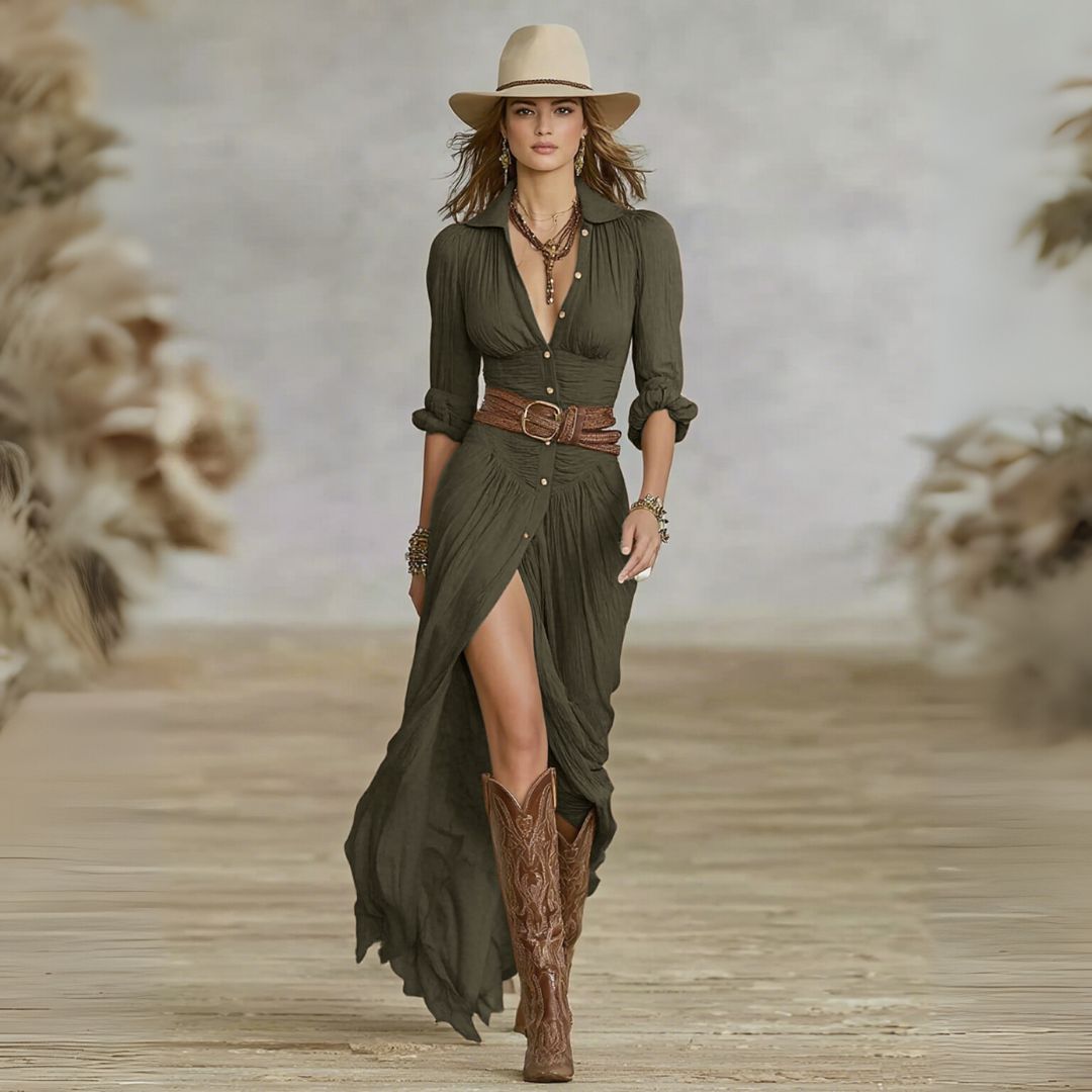 Coleen Maxi Dress Boho Button-Down Ruched