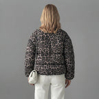 Back view of the Odalie Bomber Jacket in dark brown featuring an all-over leopard-print pattern, classic bomber silhouette, long sleeves, and relaxed fit.
