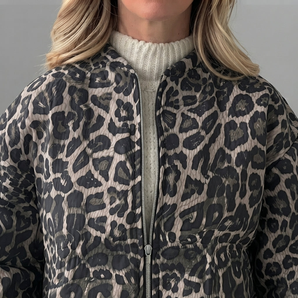 Front close-up of the Odalie Bomber Jacket in dark brown, highlighting the leopard-print pattern, fabric texture, front zip closure, and detailed bomber-style finish.