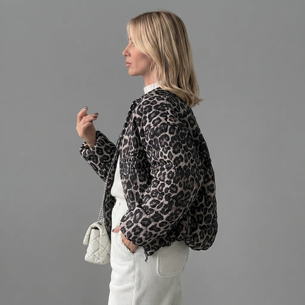 Side view of the Odalie Bomber Jacket in dark brown featuring a bold leopard-print pattern, relaxed bomber silhouette, long sleeves, and comfortable everyday fit.