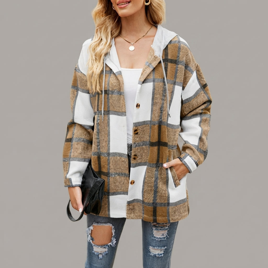 Front view of the Odalys women's beige and red plaid flannel hooded shacket featuring a classic plaid pattern, cozy hood, button-front closure, long sleeves, and relaxed fit.