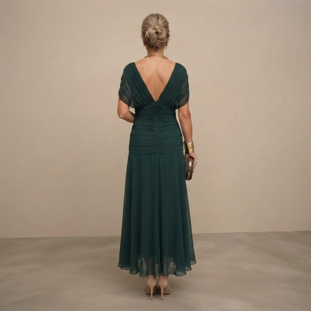 Odalys Evening Maxi Dress in Dark Green shown in back view with graceful maxi-length design.