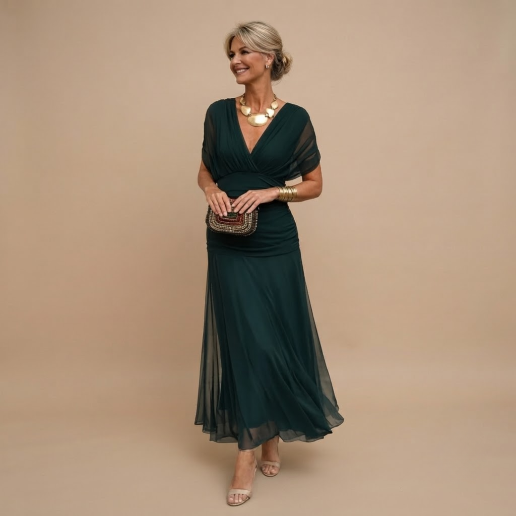 Odalys Evening Maxi Dress in Dark Green shown in front view with wrapped V-neck and flowing maxi silhouette.