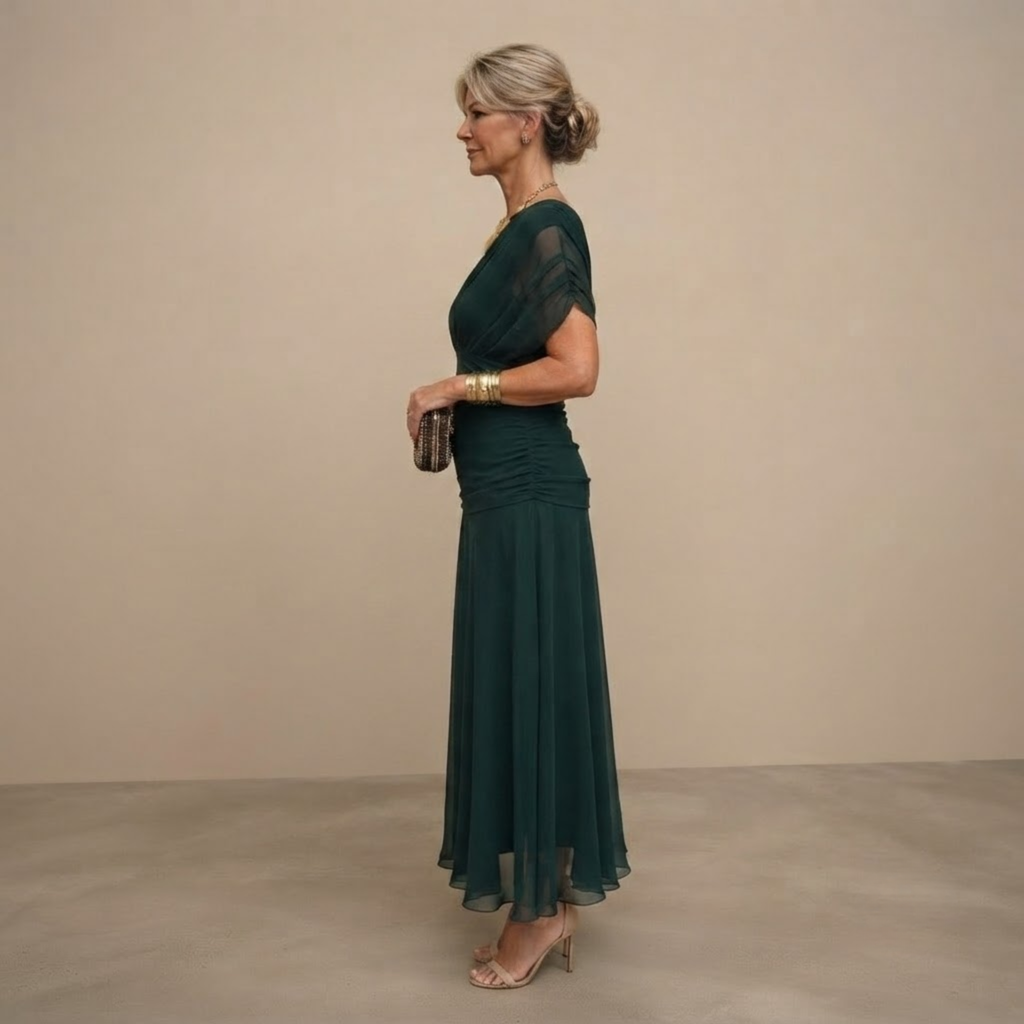Odalys Evening Maxi Dress in Dark Green shown in side view with elegant flowing silhouette.
