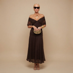 Odalys Evening Maxi Dress Wrapped V-Neck in Brown shown in front view with elegant maxi silhouette and wrapped V-neckline.