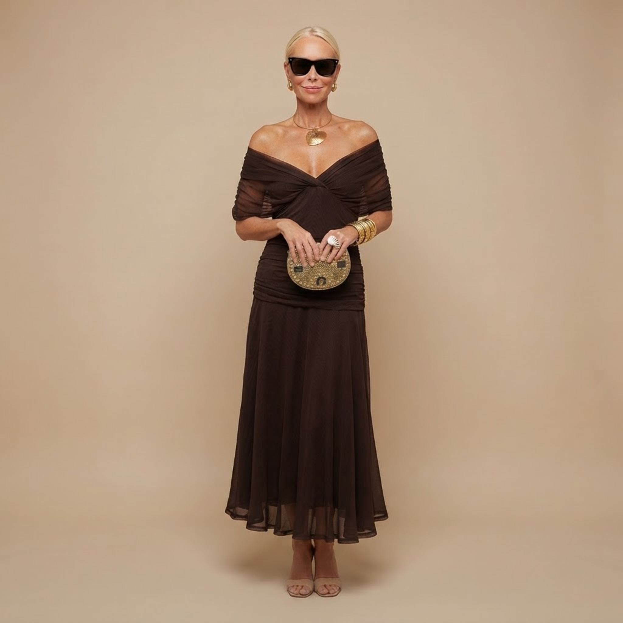 Odalys Evening Maxi Dress Wrapped V-Neck in Brown shown in front view with elegant maxi silhouette and wrapped V-neckline.