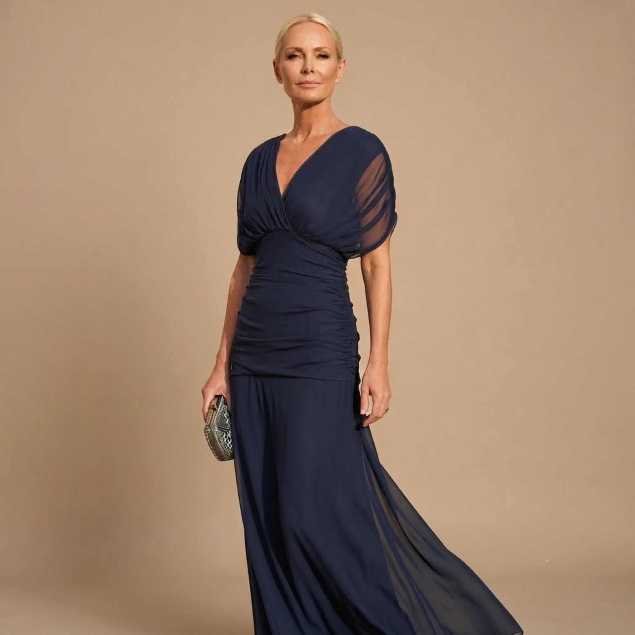Odalys Evening Maxi Dress Wrapped V-Neck in Dark Blue shown in front view with elegant maxi silhouette and wrapped V-neckline.
