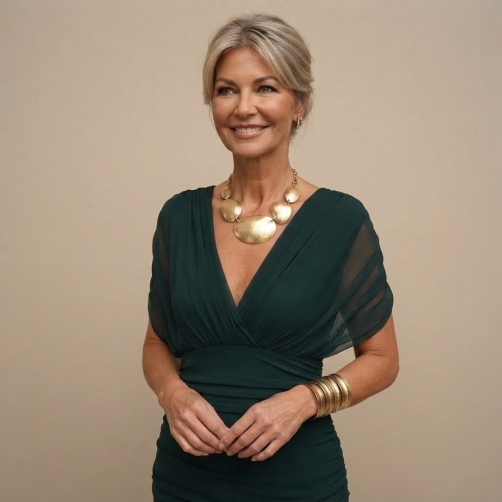 Odalys Evening Maxi Dress Wrapped V-Neck in Dark Green shown in front close-up highlighting the wrapped V-neckline and fabric details.