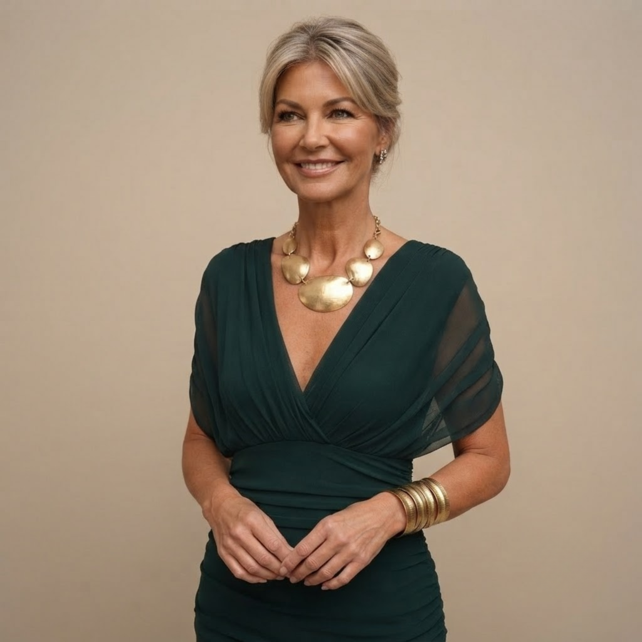 Odalys Evening Maxi Dress Wrapped V-Neck in Dark Green shown in front close-up highlighting the wrapped V-neckline and fabric details.