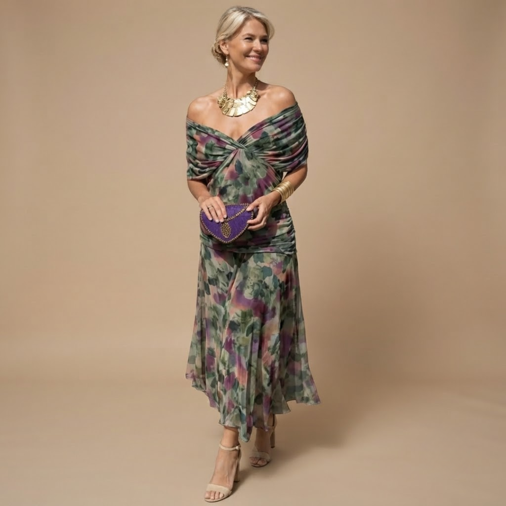 Odalys Evening Maxi Dress Wrapped V-Neck in Green shown in front view with elegant maxi silhouette and wrapped V-neckline.