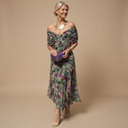 Odalys Evening Maxi Dress Wrapped V-Neck in Green shown in front view with elegant maxi silhouette and wrapped V-neckline.