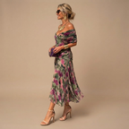 Odalys Evening Maxi Dress Wrapped V-Neck in Green and Pink shown in front view with elegant maxi silhouette and wrapped V-neckline.
