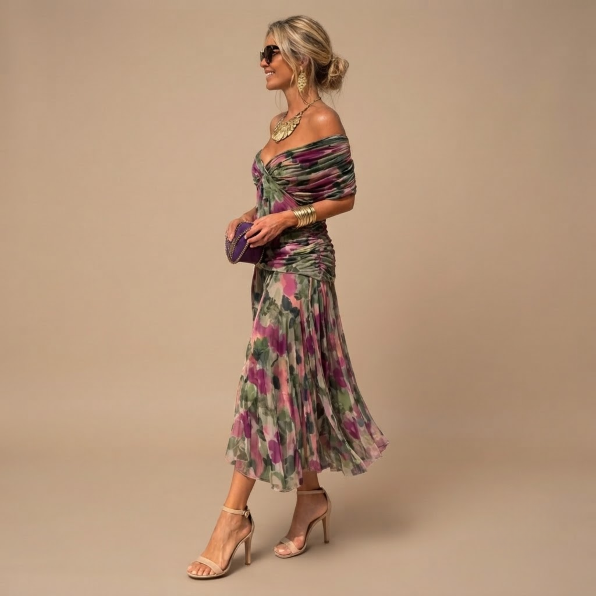 Odalys Evening Maxi Dress Wrapped V-Neck in Green and Pink shown in front view with elegant maxi silhouette and wrapped V-neckline.