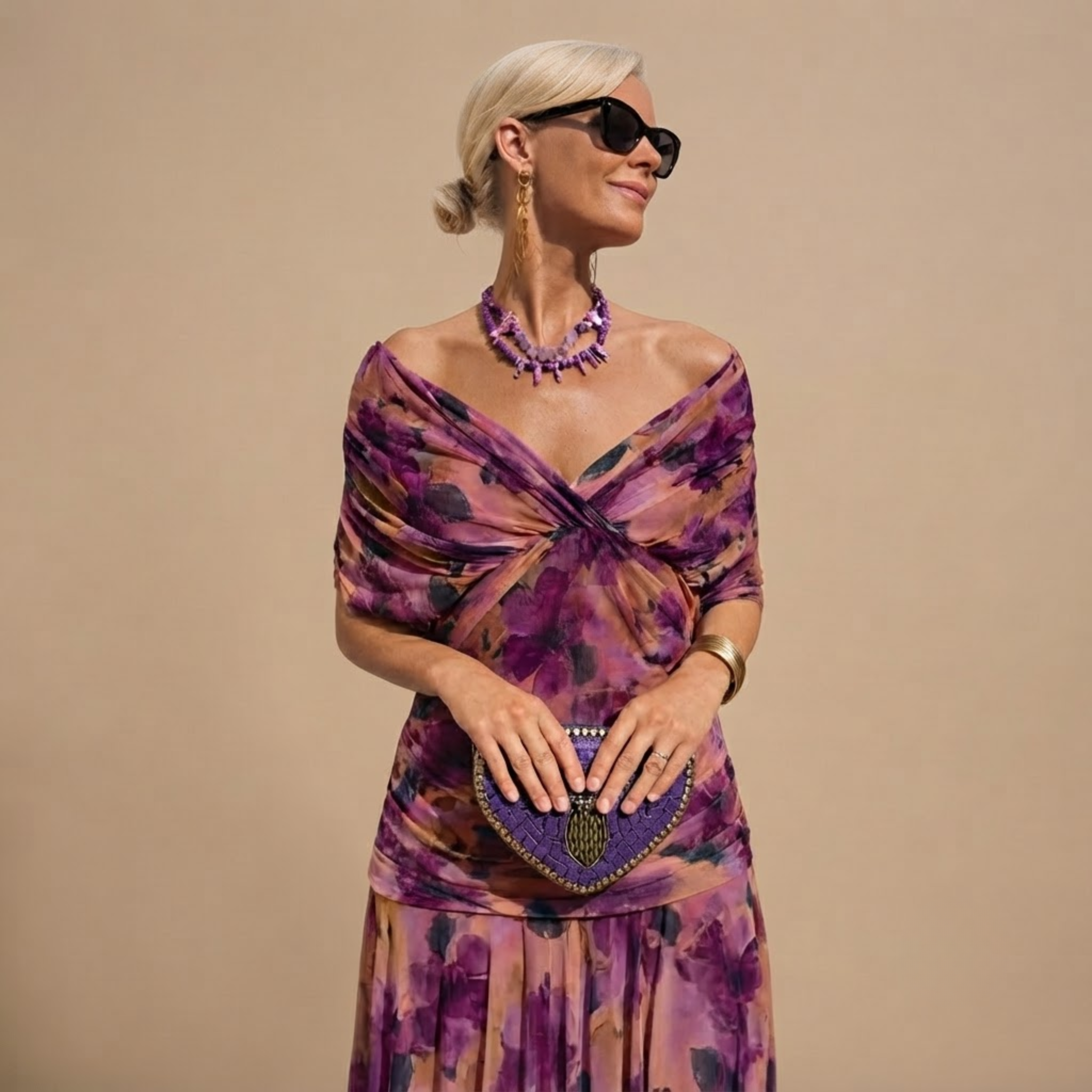 Odalys Evening Maxi Dress Wrapped V-Neck in Purple shown in front view with elegant maxi silhouette and wrapped V-neckline.