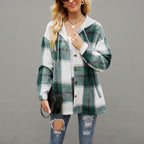 Front view of the Odalys women's Grün red plaid flannel hooded shacket featuring a classic plaid pattern, cozy hood, button-front closure, long sleeves, and relaxed fit.