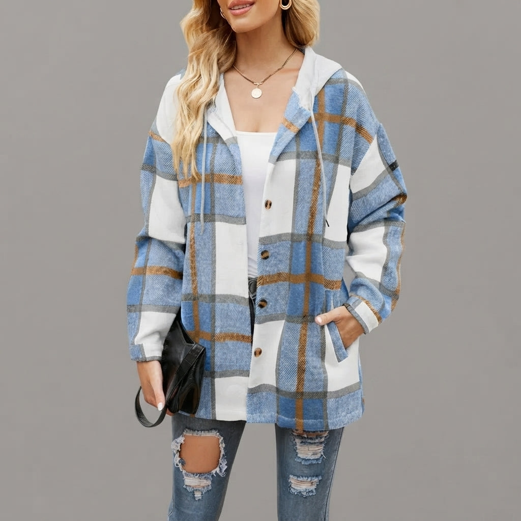 Front view of the Odalys women's Hellblau plaid flannel hooded shacket featuring a classic plaid pattern, cozy hood, button-front closure, long sleeves, and relaxed fit.