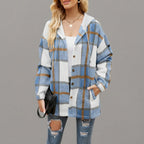 Front view of the Odalys women's Hellblau plaid flannel hooded shacket featuring a classic plaid pattern, cozy hood, button-front closure, long sleeves, and relaxed fit.