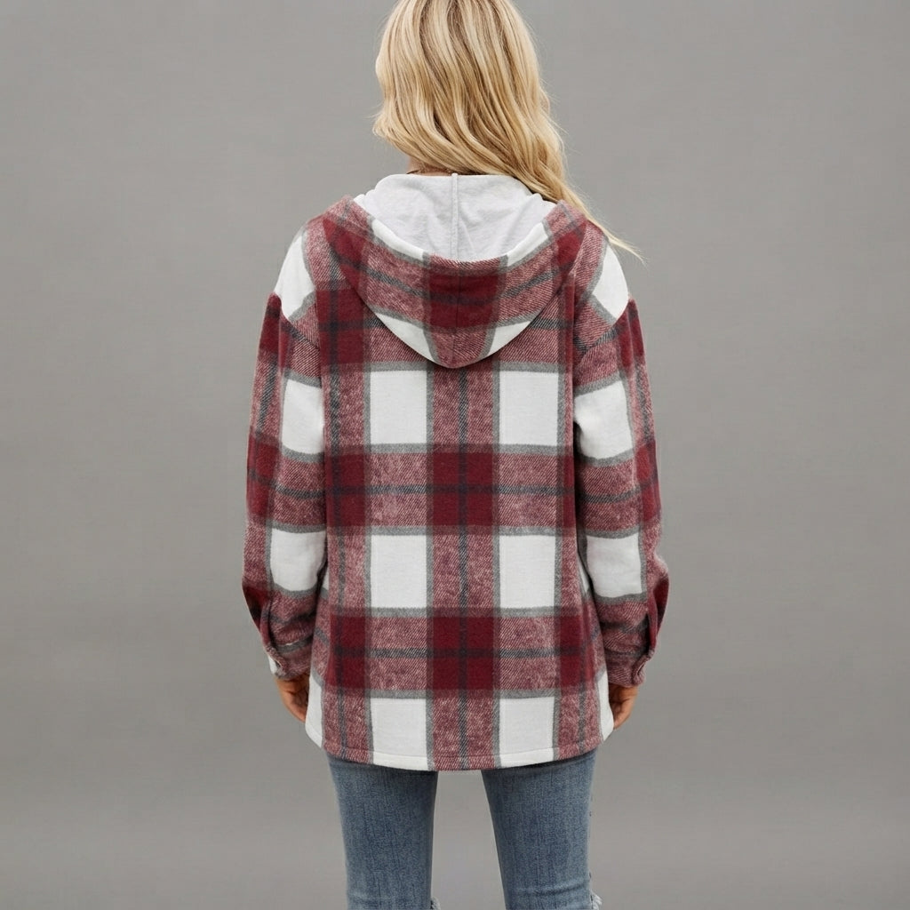 Back view of the Odalys women's red plaid flannel hooded shacket featuring a relaxed fit, cozy hood, long sleeves, and classic red plaid flannel design.