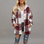 Front view of the Odalys women's red plaid flannel hooded shacket featuring a classic plaid pattern, cozy hood, button-front closure, long sleeves, and relaxed fit.