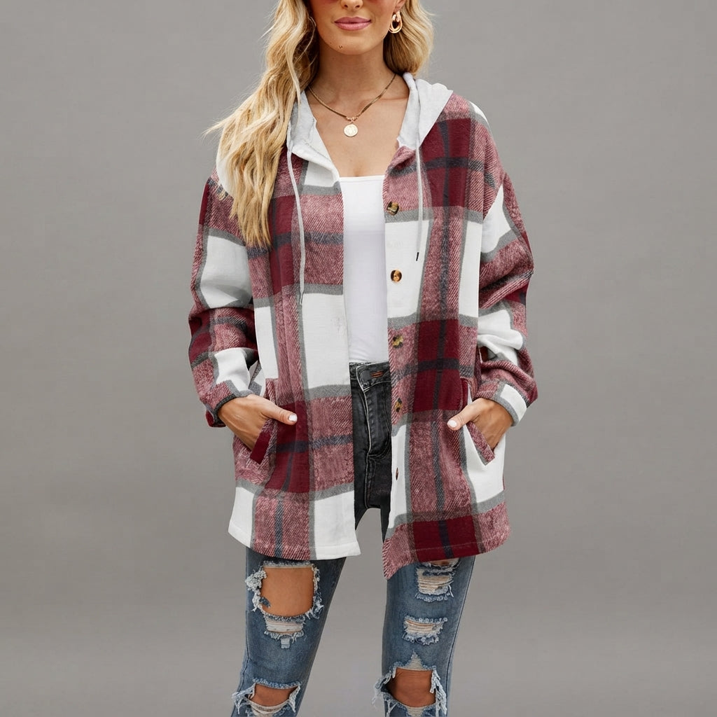 Front view of the Odalys women's red plaid flannel hooded shacket featuring a classic plaid pattern, cozy hood, button-front closure, long sleeves, and relaxed fit.