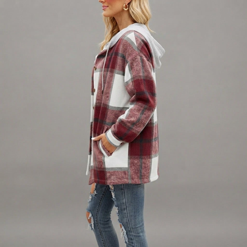 Side view of the Odalys women's red plaid flannel hooded shacket featuring a relaxed silhouette, long sleeves, cozy hood, and classic red plaid flannel design.