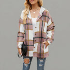 Front view of the Odalys women's Schwarz red plaid flannel hooded shacket featuring a classic plaid pattern, cozy hood, button-front closure, long sleeves, and relaxed fit.