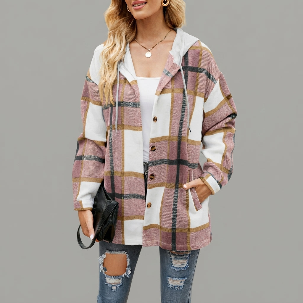 Front view of the Odalys women's Schwarz red plaid flannel hooded shacket featuring a classic plaid pattern, cozy hood, button-front closure, long sleeves, and relaxed fit.