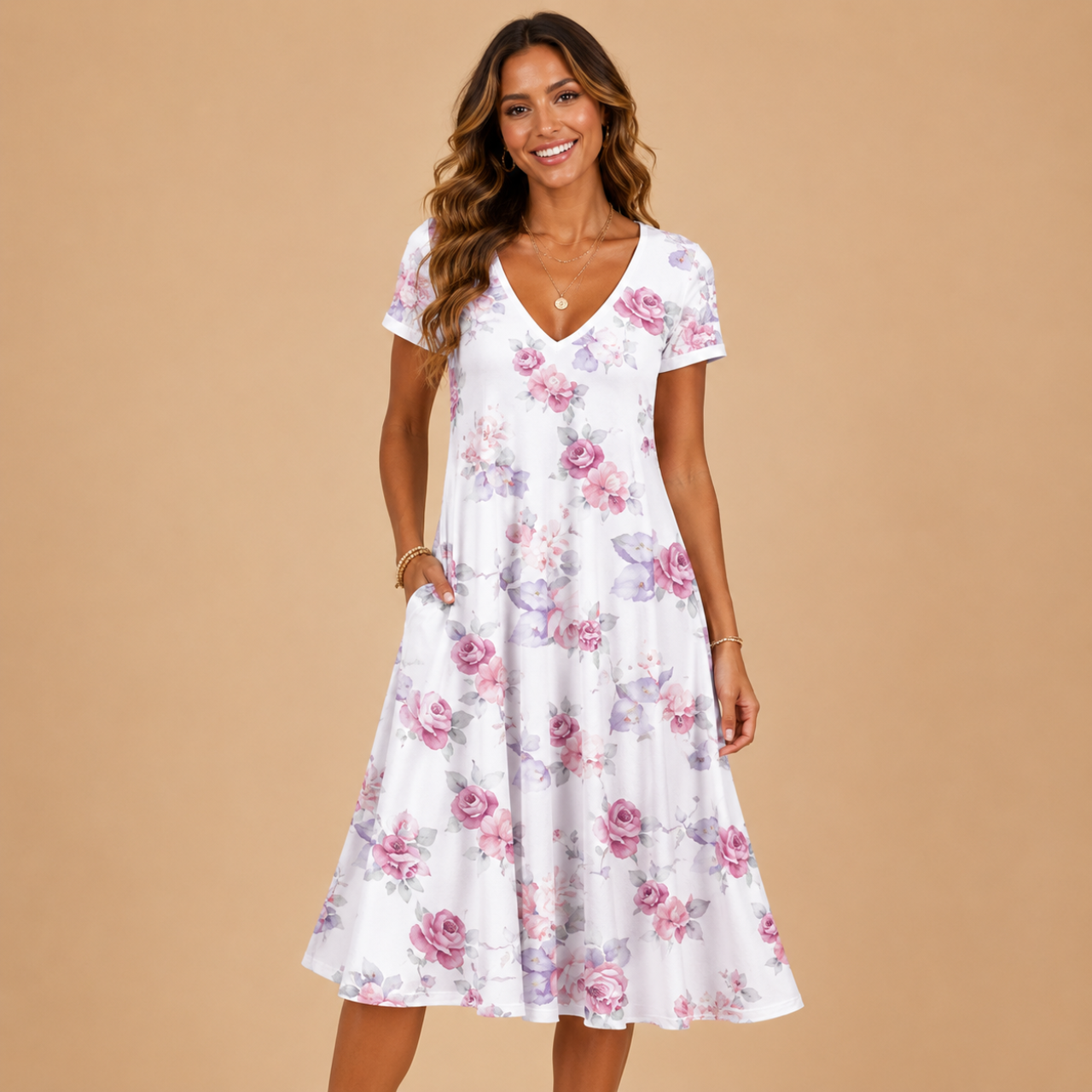 Ottilie A-Line Dress Floral-Print V-Neck Short-Sleeve