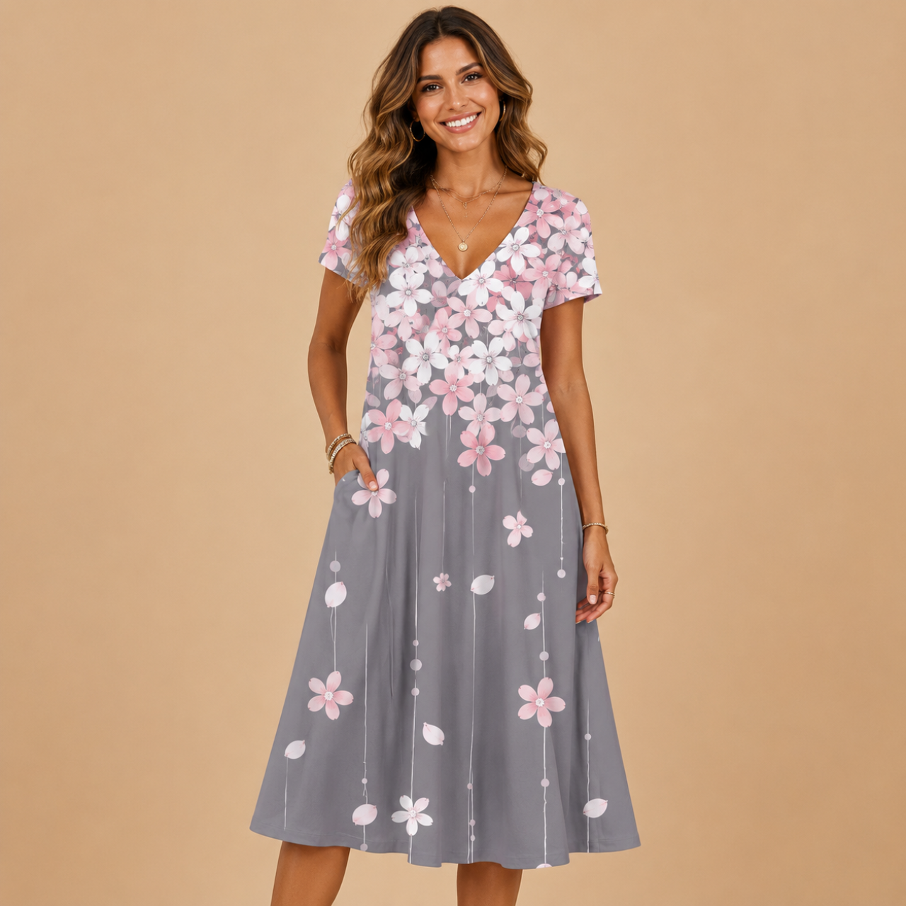 Ottilie A-Line Dress Floral-Print V-Neck Short-Sleeve