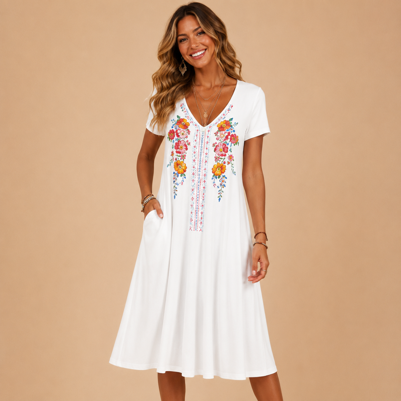 Ottilie A-Line Dress Floral-Print V-Neck Short-Sleeve