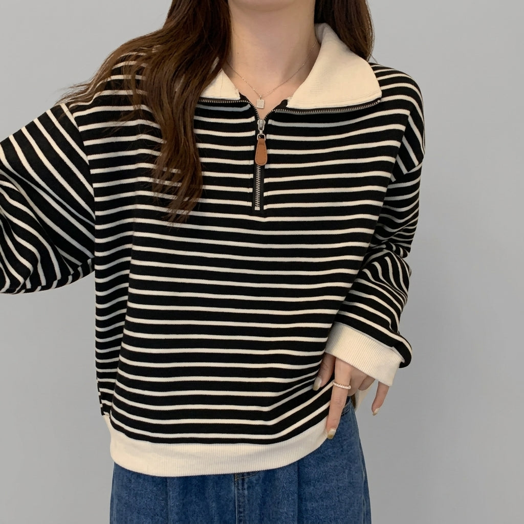 Women's Oversized Striped Half-Zip Sweatshirt Pullover with Long Sleeves