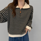 Women's Oversized Striped Half-Zip Sweatshirt Pullover with Long Sleeves