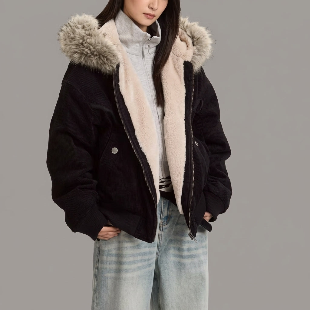 Padded hooded winter parka for women with a cozy fur collar and streetwear-inspired design