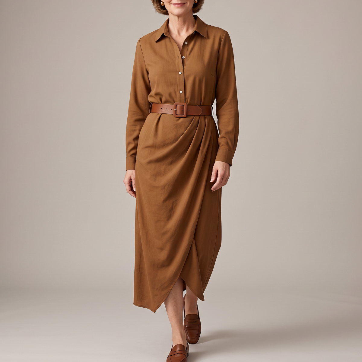 A woman modeling a long-sleeve brown button-front shirt dress with a matching brown belt, standing against a plain warm beige studio background.